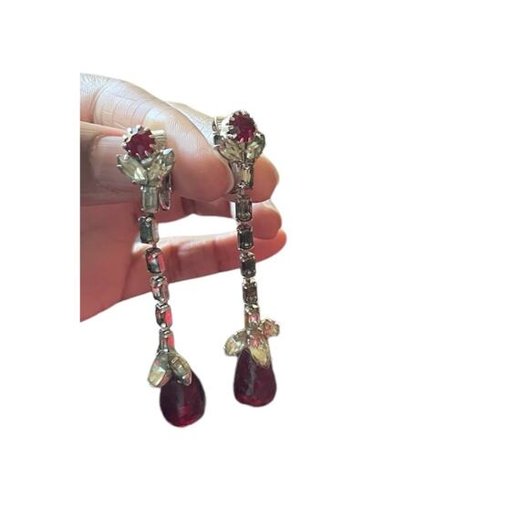Drop Vintage Clip-on Earrings White Stones and Red Stone Vampire Goth - Picture 2 of 4